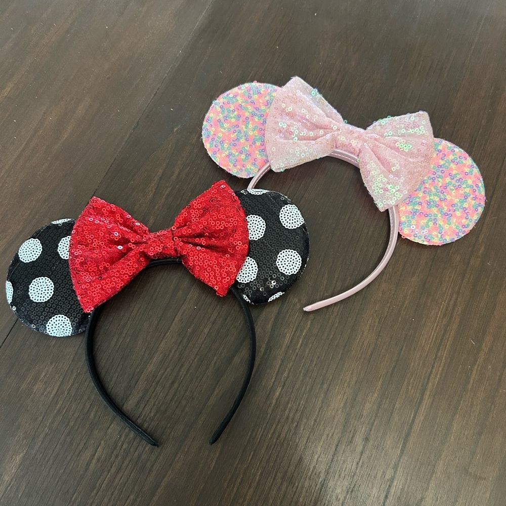 Sequined Minnie-Style Mouse Ear Headband with Bow - Black/Red and Pink